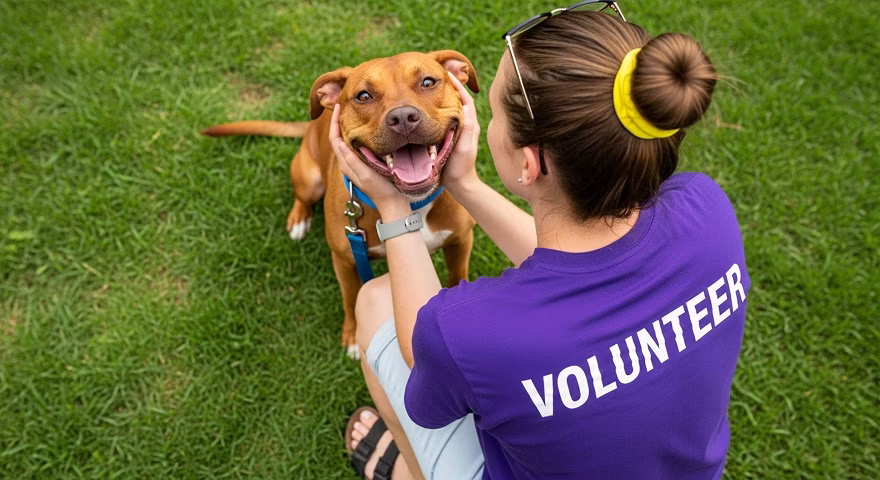 Happy dog with a volunteer